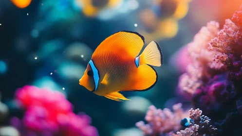 Clownfish glides through vivid coral reef seascape.