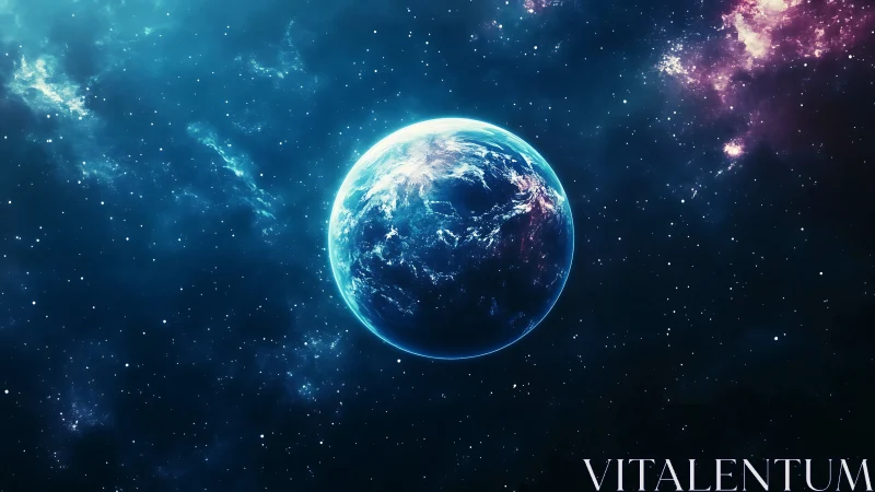 Celestial blue planet drifting through jeweled cosmic night.