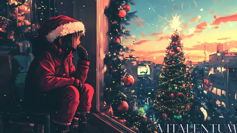 Child’s quiet wonder by a glowing city Christmas tree.