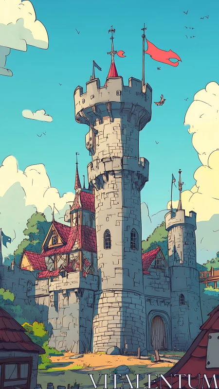 Medieval stone castle tower rises above village roofs