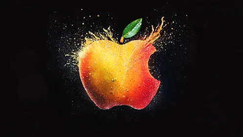 Liquid splash silhouette of bitten apple on dark field.