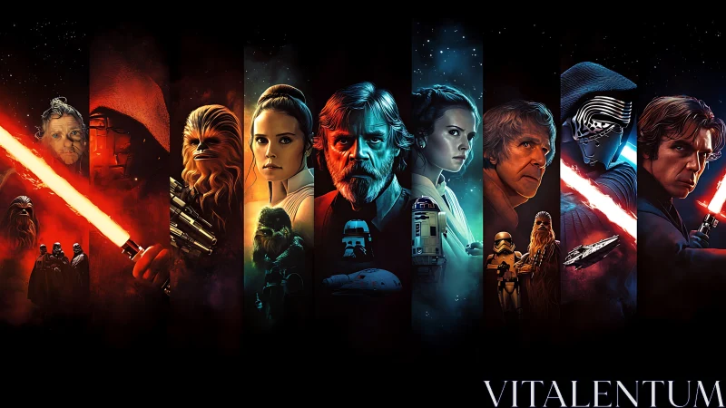 Galactic heroes and villains stand framed in glowing color