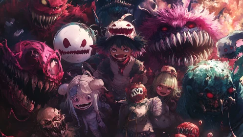 Hyperchromatic monster horde encircling manic anime children.