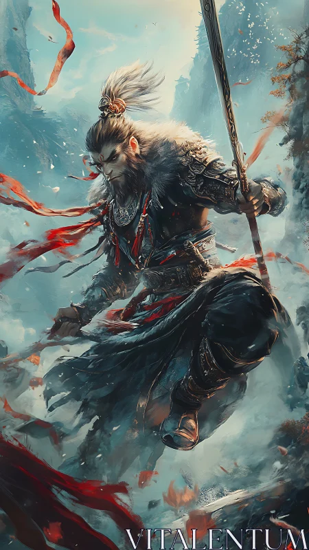 Warrior descends through frozen peaks in crimson storm