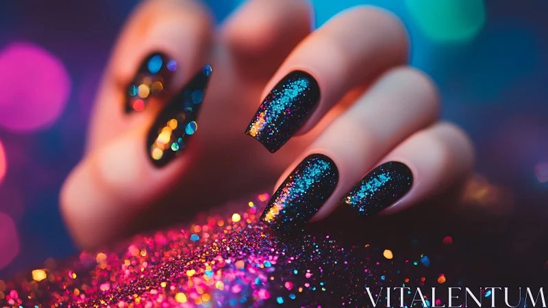 Neon glitter manicure showcases deep black cosmic sparkle
