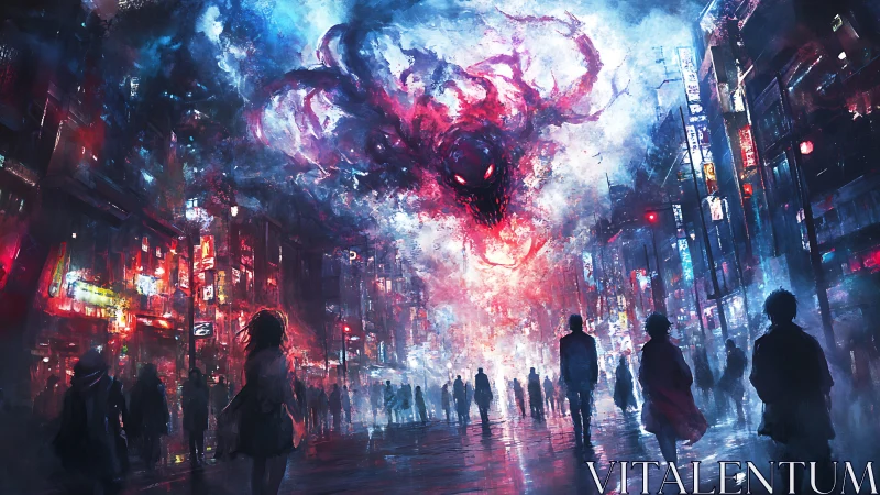 Gigantic fiery void creature looms above neon city street