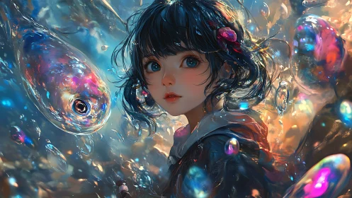 Girl with short dark hair amid glowing aquatic orbs.