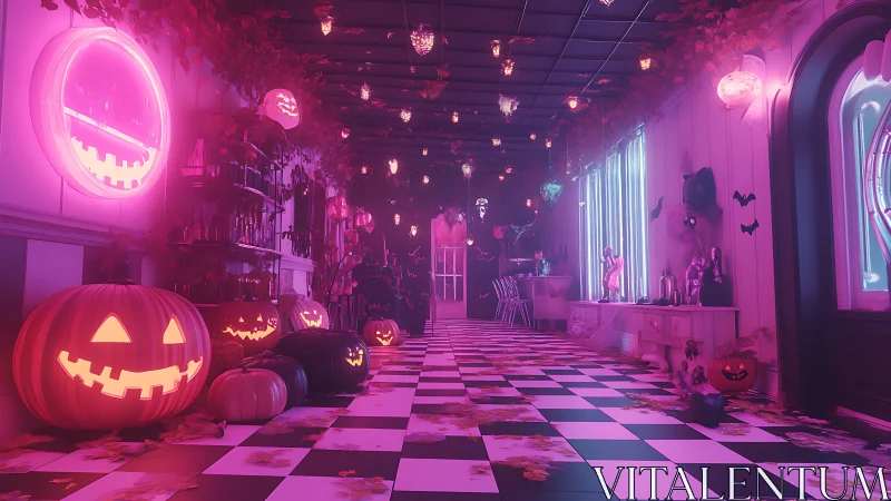 Neon lit corridor with Halloween pumpkins and decor elements.
