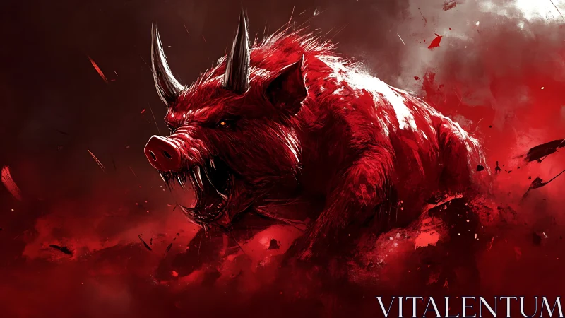 Demonic crimson boar charging through fractured red mist.