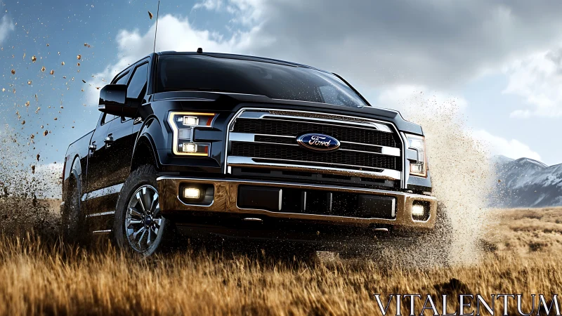 Photorealistic off-road pickup truck in dynamic frontal action.