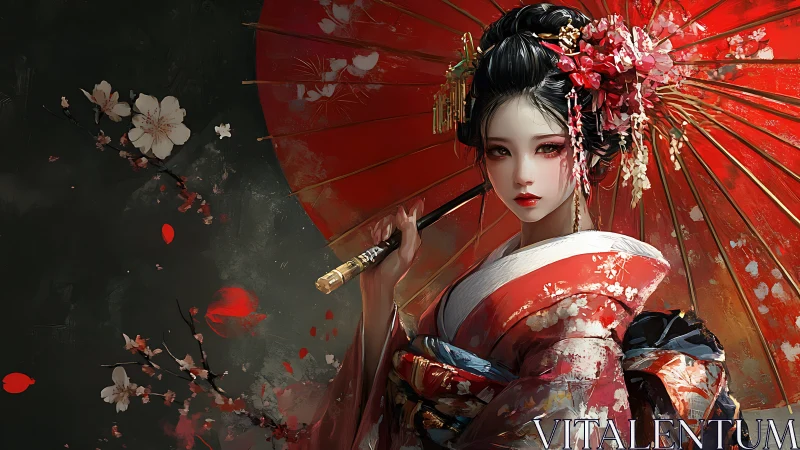 Crimson parasol guardian in flowing sakura-touched kimono.