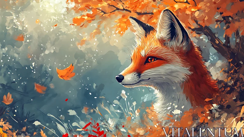 Red fox in bright autumn forest with swirling leaves.