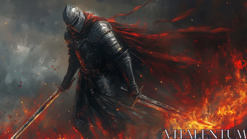 Firelit armored knight strides through embers with quiet resolve.