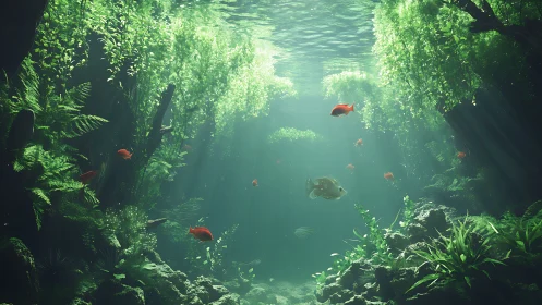 Sunlit underwater forest shelters vibrant shoals of fish