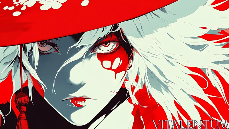Scarlet-eyed warrior in stylized red and white contrast.