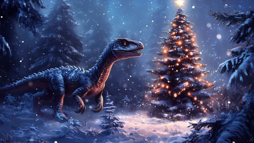 Curious winter dinosaur discovers a glowing Christmas tree