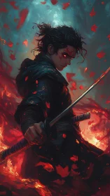 Fierce lone swordsman steps through swirling crimson embers
