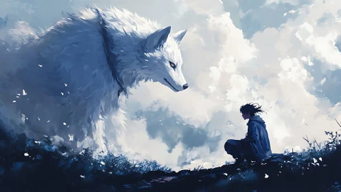 Gigantic ethereal white wolf confronting seated cloaked youth