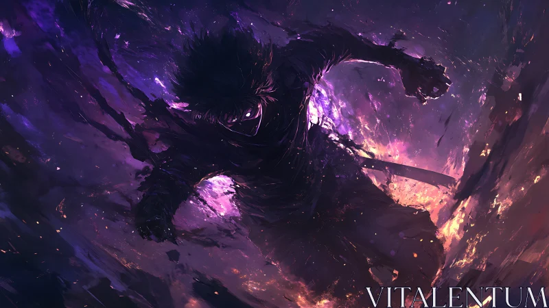 Shadowed warrior in swirling purple and orange energy.