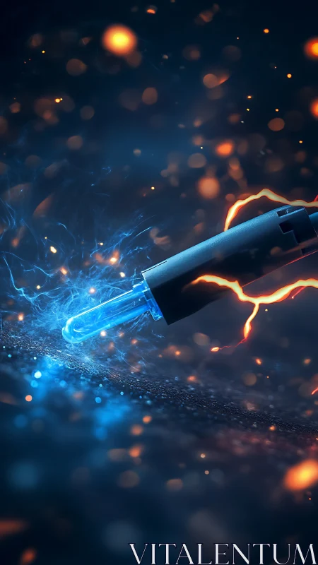 Electric stylus ignites blue plasma over textured surface.