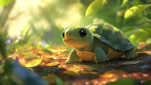 Cartoon turtle in sunlit forest with bright green shell.