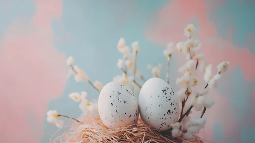Speckled eggs in straw nest against soft pastel bokeh backdrop