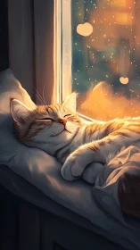 Cat resting at window with sunset bokeh lighting.
