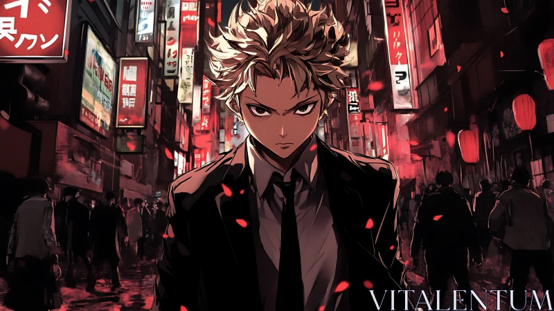 Urban neon vigilante in cinematic red-lit alleyway.