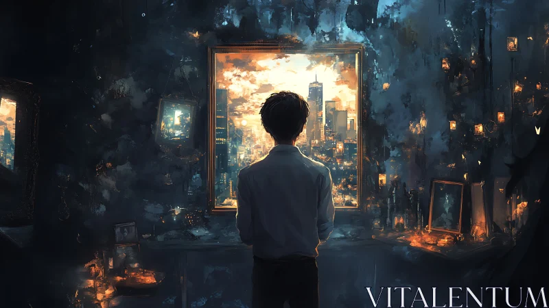 Solitary figure observing illuminated city through window.