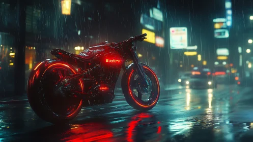 Neon storm rider waits in the rain slicked cyber street. Period.