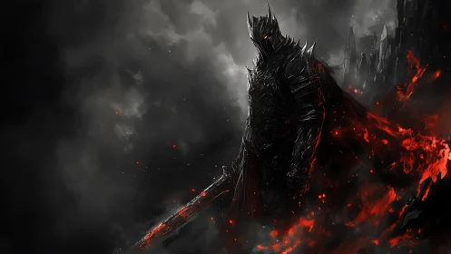 Dark warlord rises through ash with burning obsidian blade.