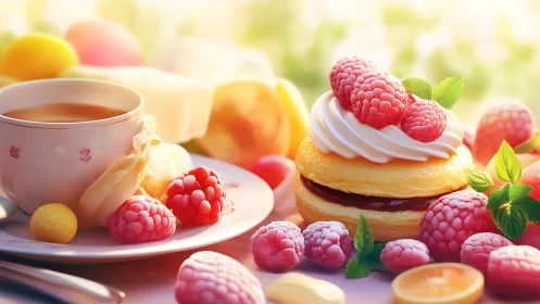 Raspberry cream dessert stands beside pastel tea cup