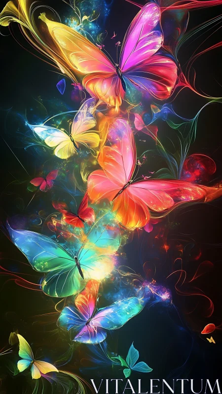 Luminous multicolor butterflies in swirling neon particle haze