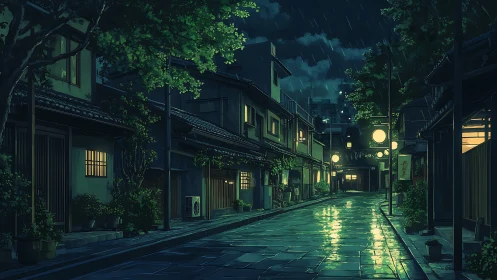 Quiet rainy night falls over a lantern lit Japanese street