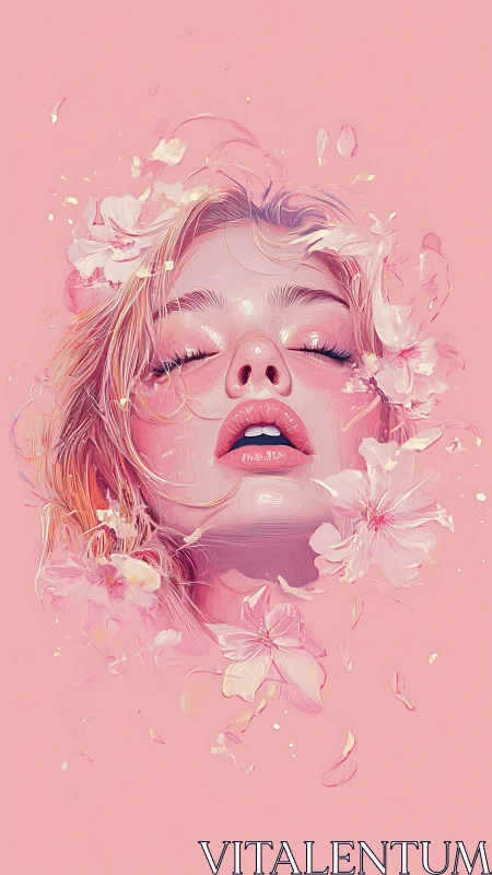 Ethereal blush portrait immersed in floating cherry blooms.