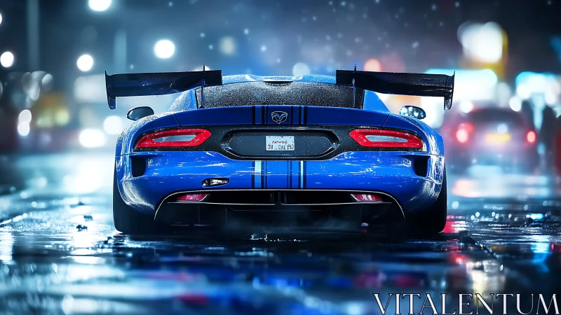 Blue racing supercar glows on neon wet city streets at night.
