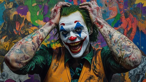 Chromatic clown psychosis amid saturated graffiti chaos.