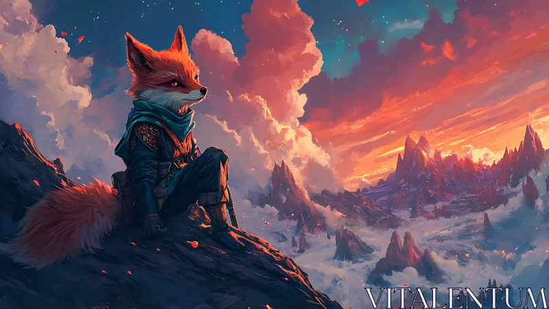 Anthropomorphic fox wanderer overlooking nebular alpine sunrise