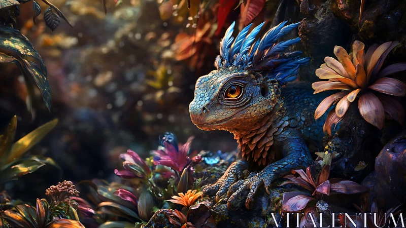 Bioluminescent forest lizard rests in lush, mystical bloom