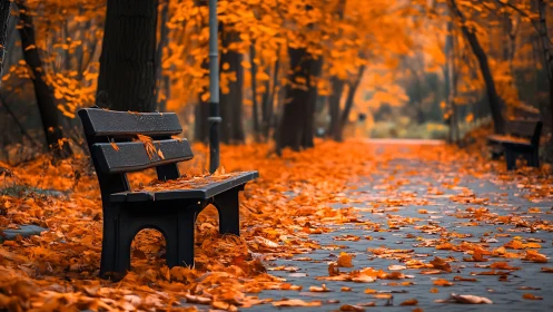 Autumn park bench framed by golden foliage and leaf-strewn path.