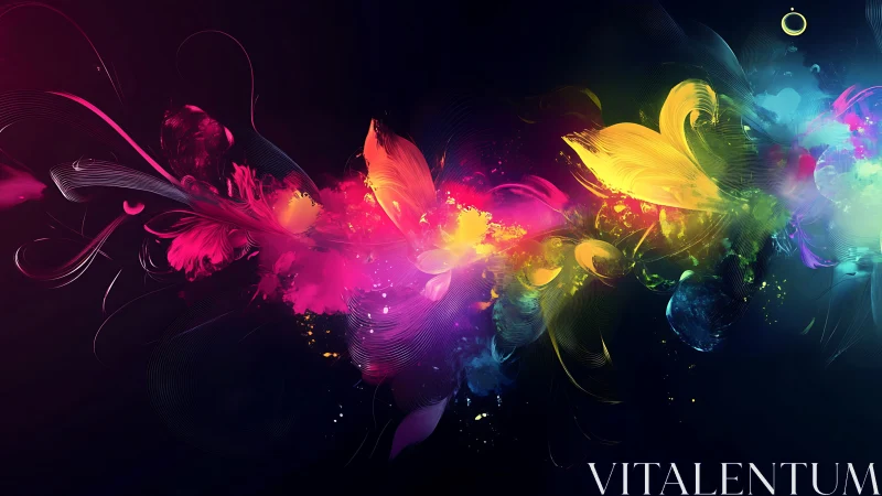 Spectrum vortex of luminous abstract petals on deep black field