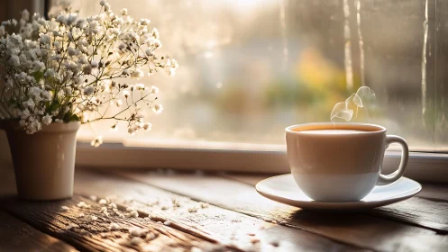 Cozy morning coffee by the window with gentle flowers.