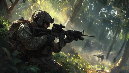 Soldier in forested terrain aiming rifle during patrol.