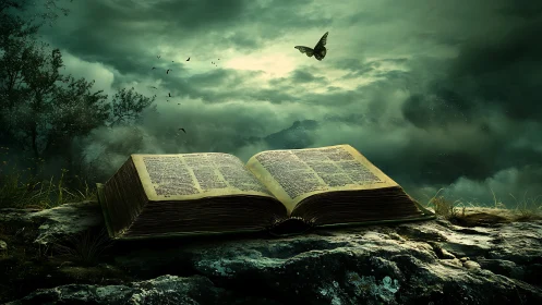 Open illuminated book on rocky ground under cloudy sky.