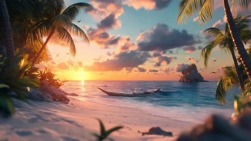 Tropical Paradise Sunset Over Pristine Beach Waters