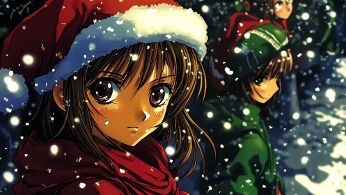 Anime girl in red Santa hat under falling winter snow.