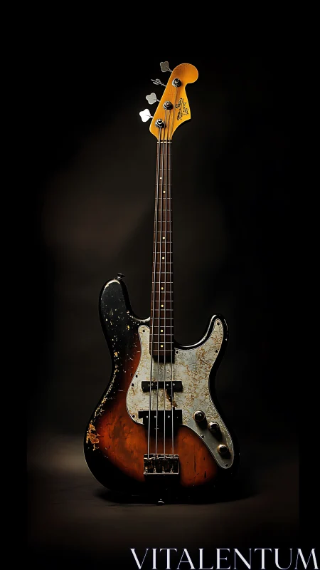 Vintage electric bass guitar stands against dark studio backdrop