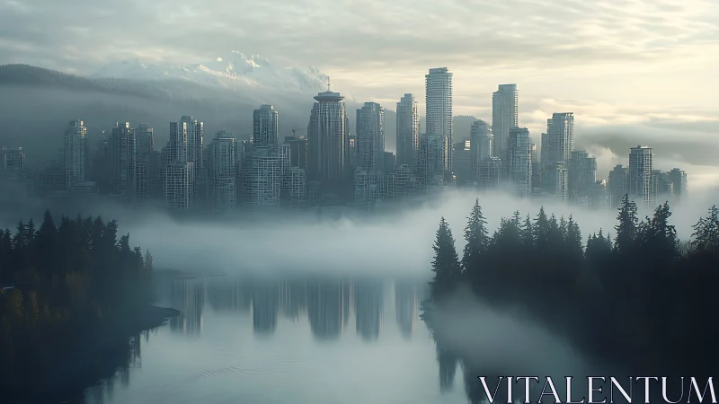 Fog-draped city skyline rises beyond reflective river at dawn