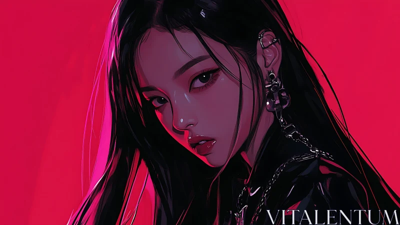 Electric gaze under neon glow in bold crimson night.