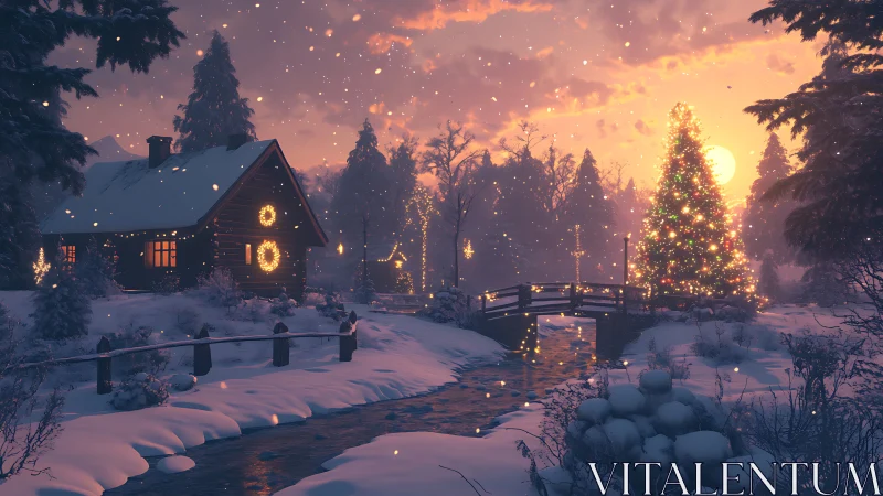 Snow-dusted twilight cottage hums beside a glowing winter tree